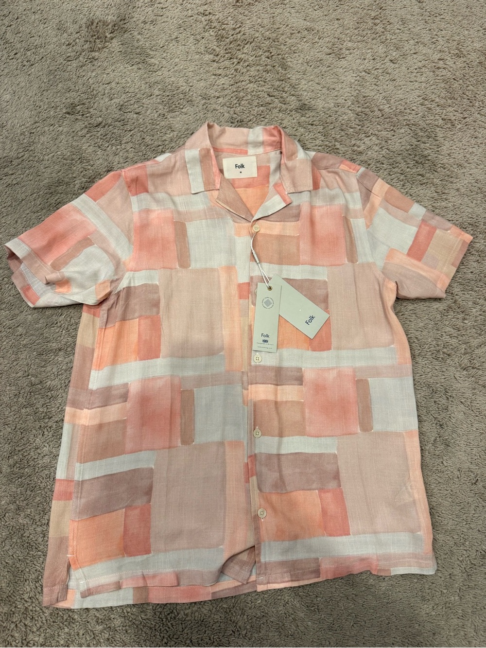 Folk Block Print Camp Collar Short Sleeve Shirt Men’s Medium Pink Linen NWT